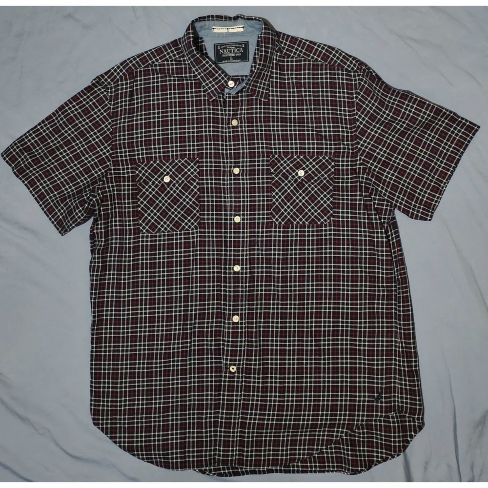 Vintage Nautica Shirt Mens Large Black Check Button Up Short Sleeve Cotton Plaid